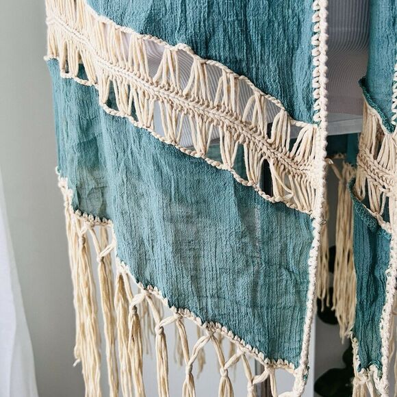 Papaya Blue & Cream Lacy Fringe Boho Hippie Gypsy Cardigan Festival Concert Med - Picture 5 of 11